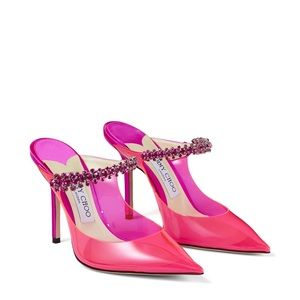 Jimmy Choo BING 100
Hot Pink Neon Plexi Mules with Pink Crystal Strap